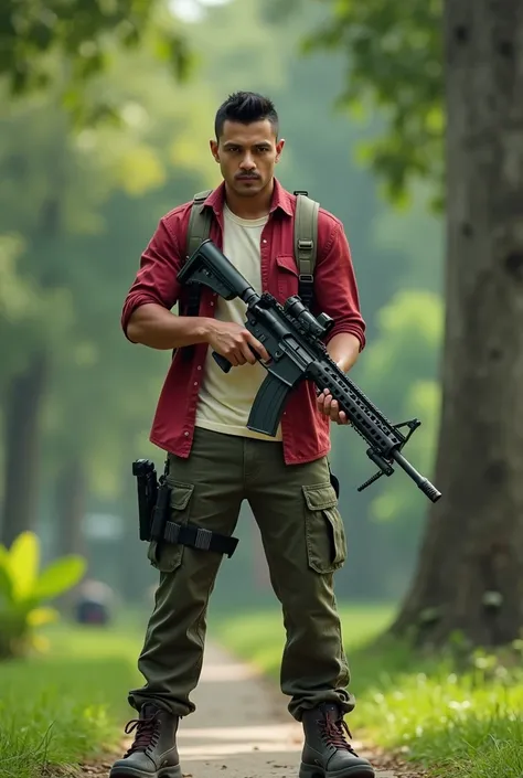 a handsome Indonesian man, very short hair, skinny figure, red shirt,cream t-shirt cpklat cargo pants, safety shoes holding sophisticated weapons aiming at the camera,  in the park, photography, Ultra HD, 4k 