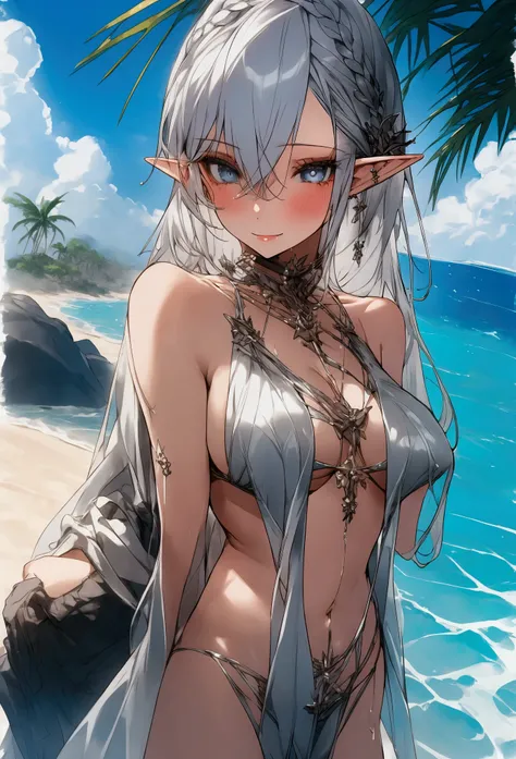 Girl with silver hair elf in bikinis at the beach 