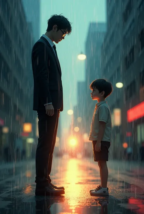 Create an anime-style scene where a grown man stands facing his younger self as a boy. The boy represents emotion, with a soft, innocent expression, slightly glowing, and surrounded by warm, vibrant colors. The man represents reason, with a serious, contem...