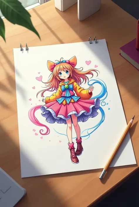 A realistic anime-style drawing on a white sheet of paper placed on a wooden table. The drawing should be fully colored as if it was hand-drawn. Next to the paper, place a pencil lying on the table beside it. Do not show the artists hand, only the paper, t...