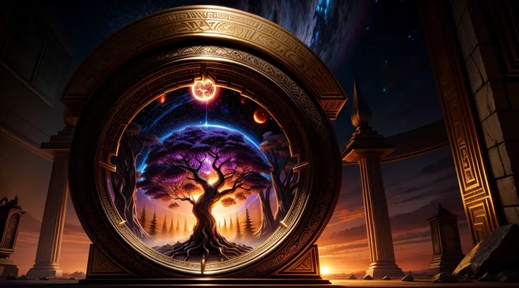 Chronos Portal, tree, galaxy, reading golden ornate book, evening, glow, sunset