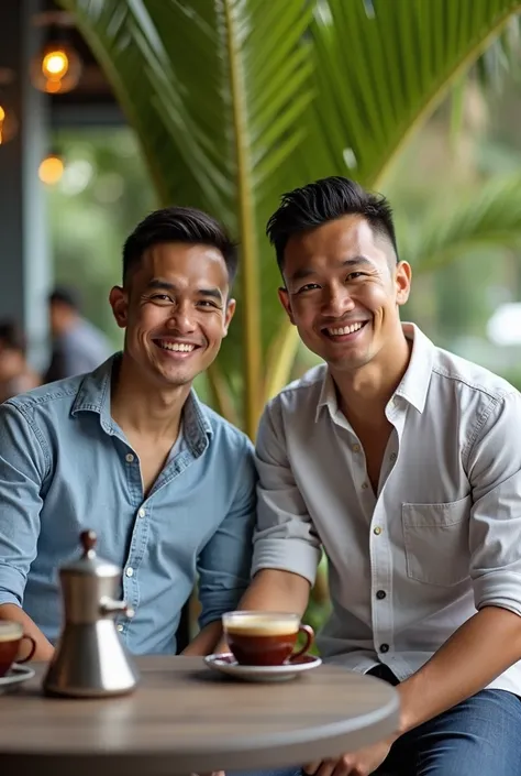 2 handsome Indonesian men, short hair, smile, their faces looking at the camera, sitting in a restaurant sitting position outside, round table available 2 coffee and teapot, outside there is a coconut tree, photography, ultra HD, 4k 