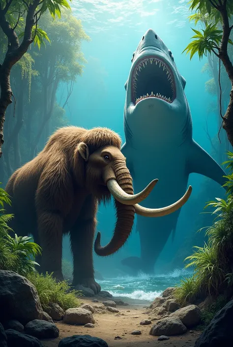 woolly mammoth in jungle at one side and megalodon shark in sea at another side.