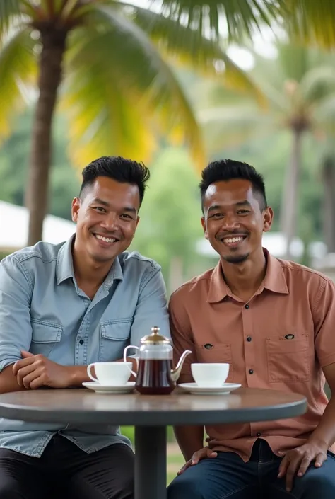 2 handsome Indonesian men, short hair, smile, their faces looking at the camera, sitting in a restaurant sitting position outside, round table available 2 coffee and teapot, outside there is a coconut tree, photography, ultra HD, 4k 