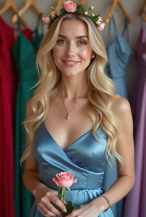 Realistic shot of a torso portrait of a young blonde German bridesmaid aged 20 with long hair, hair band, Flower in hair, Necklace, smile. She stands playfully in front of the camera in a shiny, metallic light blue satin a-line dress with straps..., Clothi...