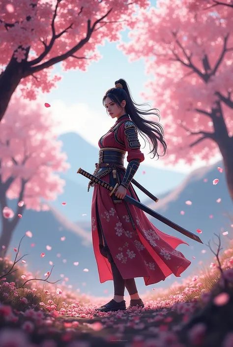 Samurai girl under the blossom hill