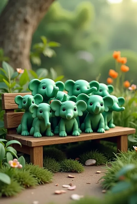 14 3d green mini baby elephants groups sitting on  brown bench in garden