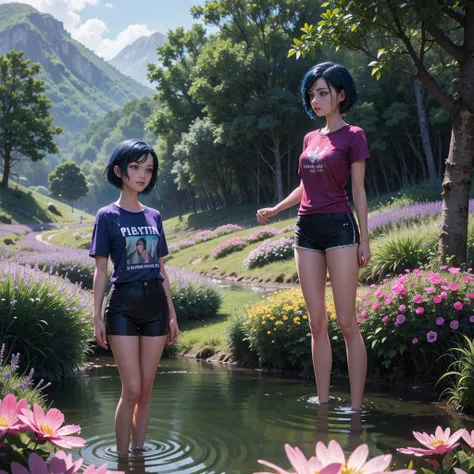 1 girl, Short hair, Blue Hair, Look at the audience, Purple eyes, Beautiful legs, Wearing a wet blue t-shirt, Wet shorts, Standing in the stream, Field of flowers, dark forest, mountain