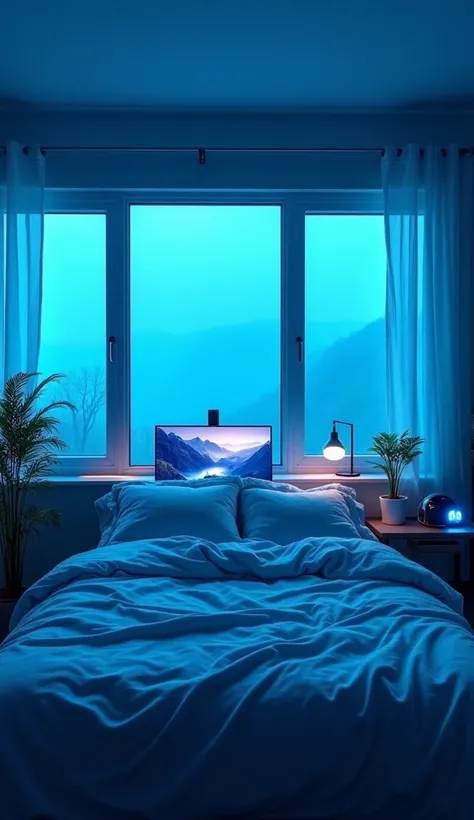 Modern bedroom with gaming setup and foggy windows.Room is blue themed and blue coloured lights are there. No humans and bed view also 