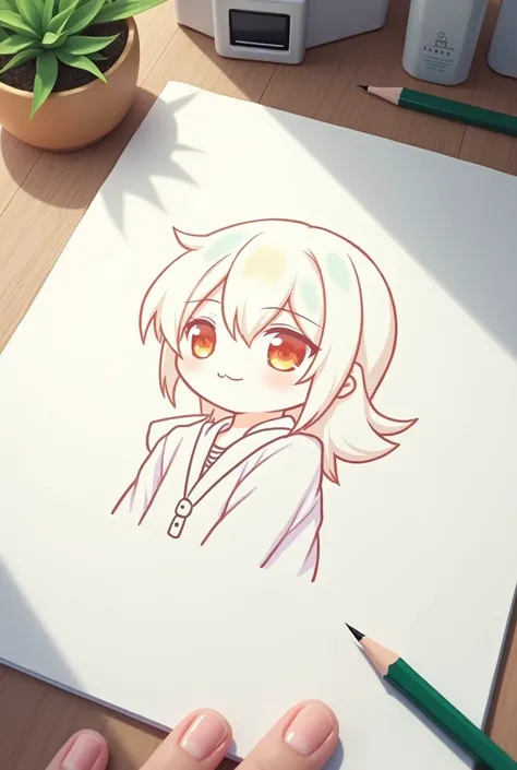 A realistic anime-style drawing on a white sheet of paper placed . The drawing should be fully colored as if it was hand-drawn. Next to the paper. Do not show the artists hand, only the paper, the pencil, and the drawing
