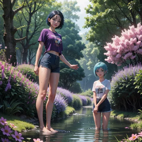 1 girl, Short hair, Blue Hair, Look at the audience, Purple eyes, Beautiful legs, Wearing a wet blue t-shirt, Wet shorts, Standing in the stream, Field of flowers, dark forest, mountain