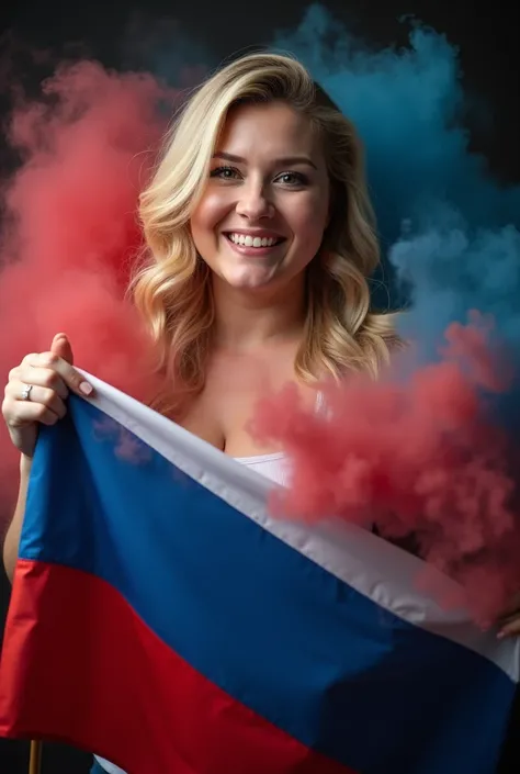 Close up, beautiful blonde fat woman holding Russian flag and happy, black background with colorful smoke