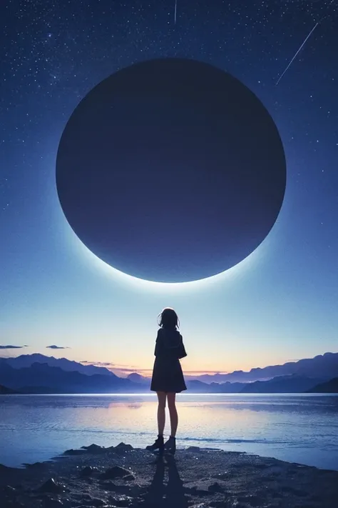 Best Quality,Big moon and shadow,A silhouette of a person can be seen against the backdrop of a large moon.,There is one full moon,There is a mood,Beautiful scenery,Starry Sky