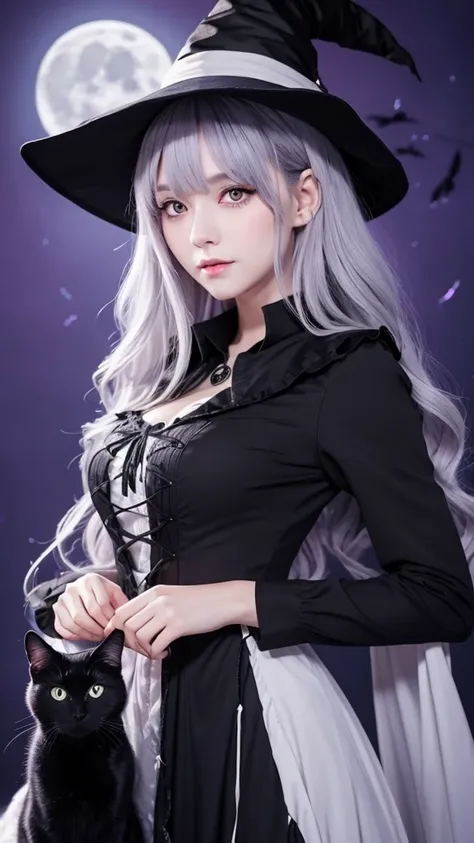 A witch with gray wavy hair and a black cat with purple eyes.
background is moon