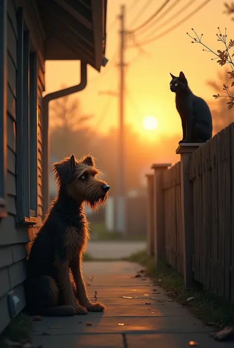 In a quiet neighborhood, a small, scruffy dog named Max is sitting on the front porch of an empty house, looking sad and lost. His fur is unkempt, and his eyes reflect longing. Nearby, a sleek, elegant cat named Bella watches from a distance, perched on a ...