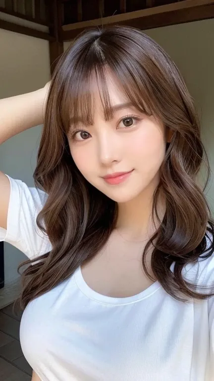 Realistic:1.2,masterpiece,Best Quality，98k,((One Woman)),20 years old,Japanese women、Narrow waist,Perfect Anatomy, Brown Hair, Wavy Hair,Random Hairstyles,Big beautiful breasts,((Fully detailed face and eyes:1.2))((Cute Face:1.2))，Random Pause，smile、White ...