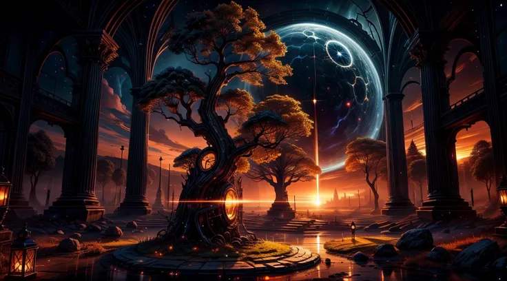 Chronos Portal, tree, galaxy, reading golden ornate book, evening, glow, sunset