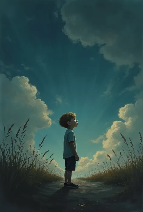 Make an artwork depicting the different elements of art. The idea is theres a boy trying to escape from the world of loneliness. Hes standing, staring at the sky full of sadness in his eyes. The sky felt bad for him, for the sky knows that it cant do anyth...