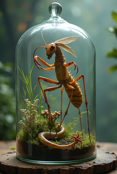 Dibuna a hybrid between a mantis,a hornet,A snake ,i Scorpion which is captured in a glass container with a mini ecosystem and is being observed by a group of 3 scientists 