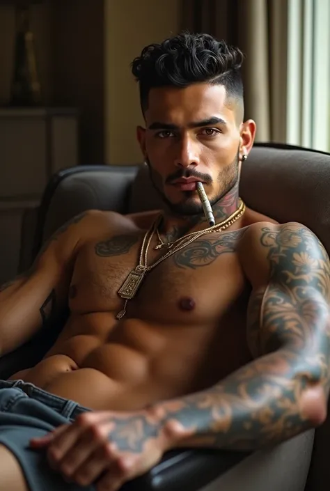 Dominican lightskin male with black& blonde curly fade designed hair on side says “ZIDAR”luxurious room , low drop fade, lineup & jawline, tattoos, muscular, amber snake eyes with slit on eyebrows Detailed Skin, Detailed Face, Ultra HD, Best Quality, Detai...