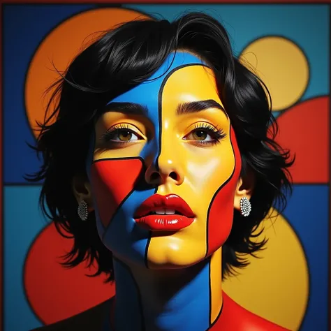 Full-length portrait of a woman with her face painted in Mondrian&#39;s Composition design、Full body paint、Can be viewed、