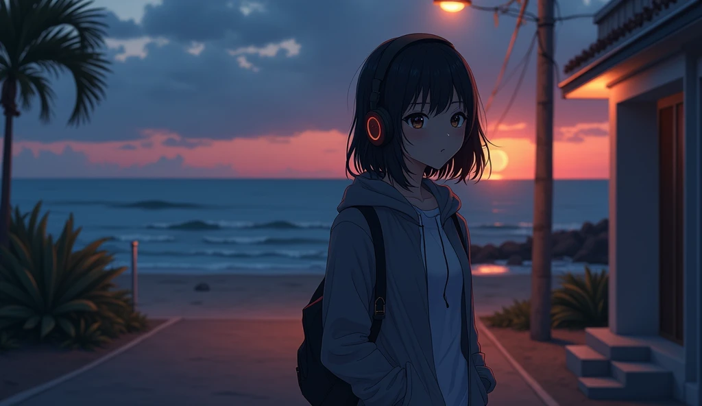 A pretty anime adult woman wearing headphones is walking down the street at night, Anime illustrations inspired by Liam Wong, Tumbler, Digital Art, Lo-fi Girl, Lofi Artstyle, Lofi Art, Portrait of Rofi, Anime atmosphere, An atmosphere of praise, Lo-fi Girl...