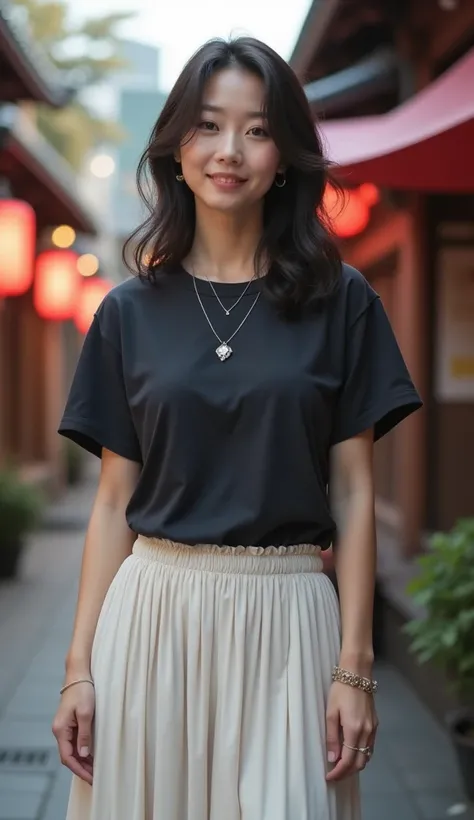 masterpiece,1 beautiful japanese woman, full body, walking in a asakusa tokyo, pale skin, large breasts, single eyelids, age:35, moderate, Contented ,（（dark color t-shirt））, white-Maxi Skirt , necklace, wedding ring, hyper detailed, 8k, photorealistic, pro...