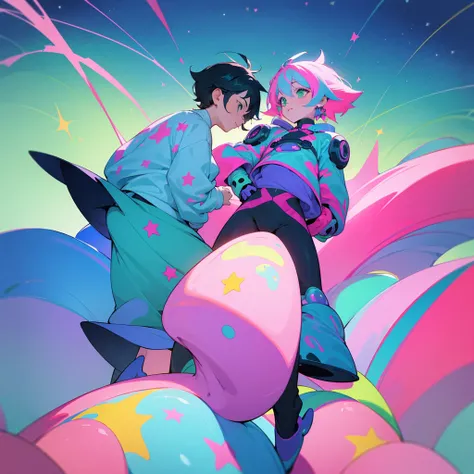 2 cute boys wearing colorful sweaters,holding a large pink donut,surrounded by whimsical multicolored stars,soft blue sky,green grass background,charming peaceful visually appealing style,two cute boys standing together,futuristic graffiti wall background,...