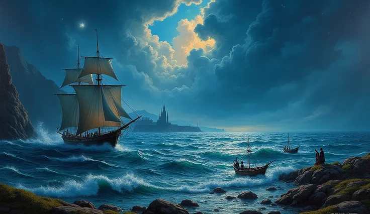 Real picture（（oil paint ））Landscape painting,acrycle painting，Brush Strokes，With unparalleled realism,ultrawide,ominous skies, a Sail ship, Wooden boats,Lotus,Huge  waves,Starry night,Harry Potter,voluminetric lighting,Clearing,Realistic,james gurney,art s...