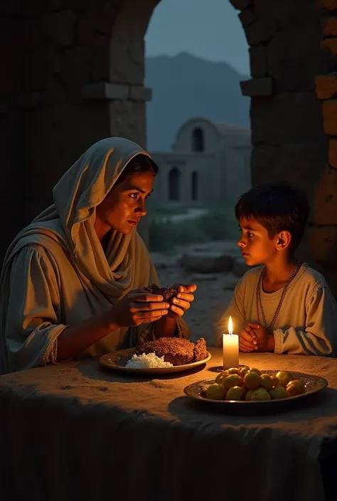 a widow with her son eating their last meal, Bible history
