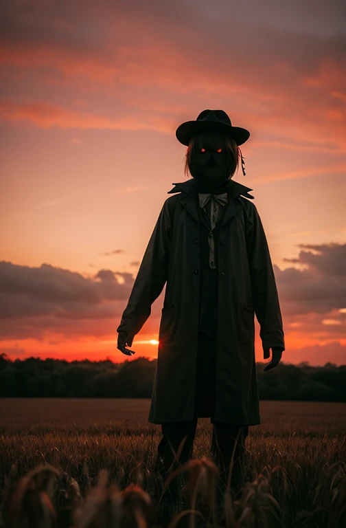 Creepy Scarecrow,Red and eerie sky,Abandoned Field