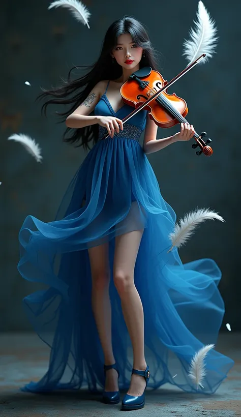 Beautiful Girl holding violin concentrated full body and with mini skirt dress and full body and A lot of feathers fell down. sexy, cool, A girl , Feather tattoo, The face looks like a Chinese girl , Long black hair, red lip , blue dress, high-heels , feat...