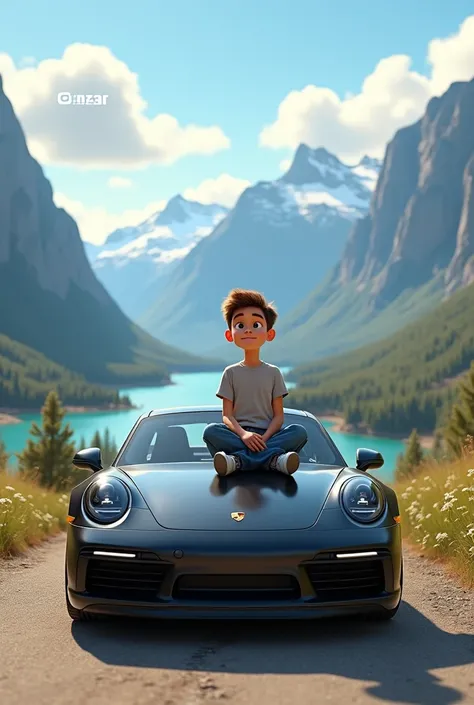 Create an animated Pixar style image of a boy wearing oversized tshirt and baggy jeans and sneakers sitting on top of black Porsche car with beautiful view of mountain and river in background and text "anzar" written in fluffy cloud form in sky and also ad...