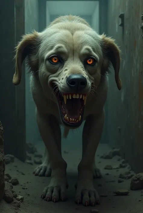 Creepy dog with human eyes. Disturbing and scary