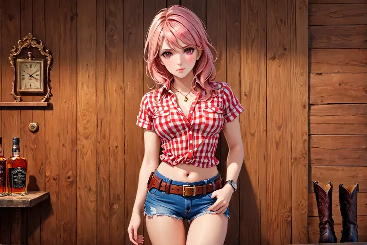 (((１by people:2.0))),(((female gunfighter:2.0))),(((nsfw:0.5))),(((wearing denim hot pants:1.5))),(((wear a red checked short-sl...