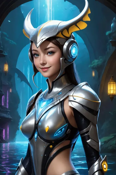 A magical young, beautiful & attractive girl, wearing high technology cyberpunk manta ray armor designs, with mesmerizing gazing eyes, full body details, with a enchanted Rivers background,Large breasts, manta ray helmet,  Citroen Hair, Character Sheet Ful...