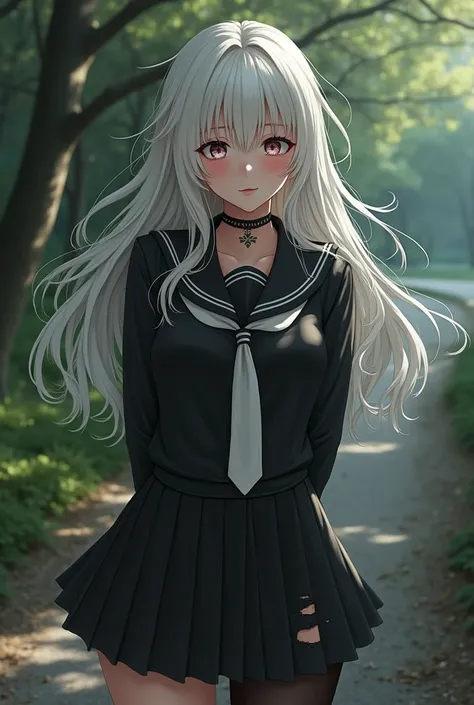 ningen mame, explicit,nsfw,8k, highres, masterpiece:1.2, ultra-detailed, ultra-detailed eyes, HDR, UHD, ultra-fine painting, sharp focus,absurdres, 1girl, plana (blue archive), 1man,white hair, long hair, mismatched pupils, black serafuku, black long skirt...