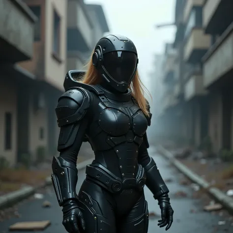 black armed female figure in sci-fi battle armor with cybernetic helmet, blonde maroon hair, mask, sci-fi visor, armed figure, plate armor, insulated armor, spacesuit, lots of small details, sci-fi movie style, on a ruined city street, overcast, photograph...