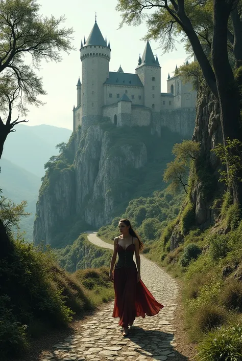 Medieval castle on top of a high hill, there is a forest around, powerful road to the castle, A woman in medieval clothing with bare breasts is walking along the road from the castle