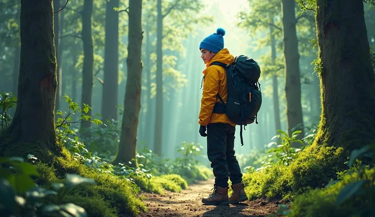 A young Indonesian hiker named Edo, short black hair, tall,  He is wearing a bright blue beanie, a vibrant yellow winter jacket, black hiking pants, and a large black hiking backpack. 
He’s unusually quiet, his eyes focused intensely on the surrounding jun...