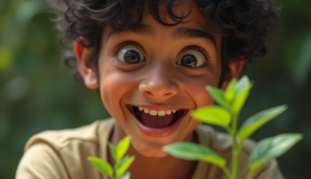 मोहन की खुशी A close-up of Mohaan’s smiling face, full of excitement and happiness as he looks at the growing plant. His eyes are wide with wonder, and there is a sense of relief and hope in his expression.