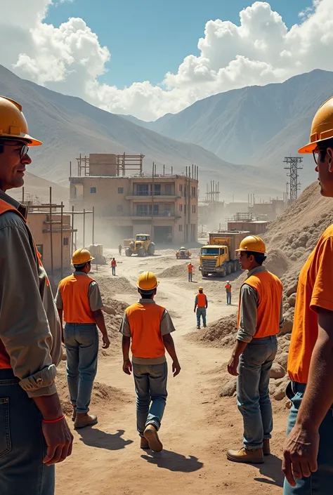 male and female construction workers, and personnel work on a construction site for the Casma II-I hospital, Peru
