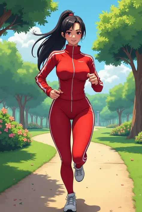 Anime girl wearing a red tracksuit for a run in the park, with hair tied back in a ponytail. big breasts, and slender