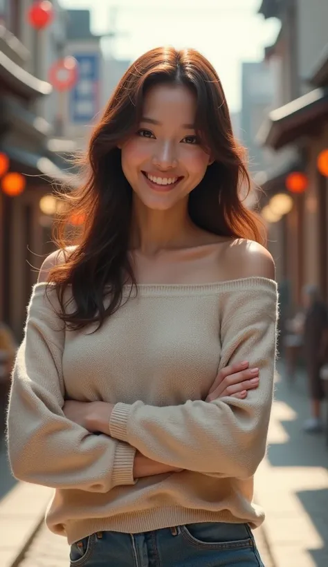 Best Quality, masterpiece, Ultra-high resolution, full body, Realistic, Japanese women, Age: 33, Off the shoulder, smile, Extra Large_[sweater, Soft lighting, Detailed skin,Brown Hair,warking town