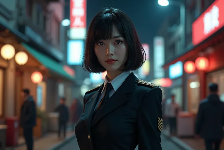 An 50-year-old woman、((Japanese Officer, Sexy uniform, skirt, Cute and elegant, Dramatic Pose)),smile,Night City Background,Shortcut、RAW Photos, (8k、Best Quality、masterpiece:1.2)、(Intricate details:1.4)、(Photorealistic:1.4)、Octane Rendering、Complex 3D rend...