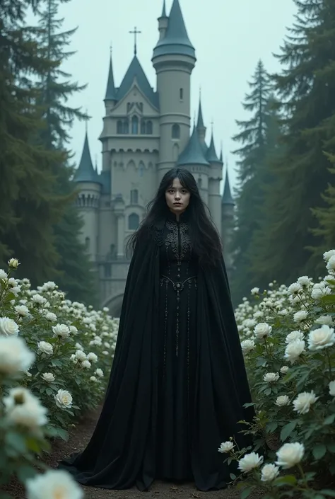 White roses were blooming near the castle, A girl lived in a fairy-tale castle, the girl was an evil witch 