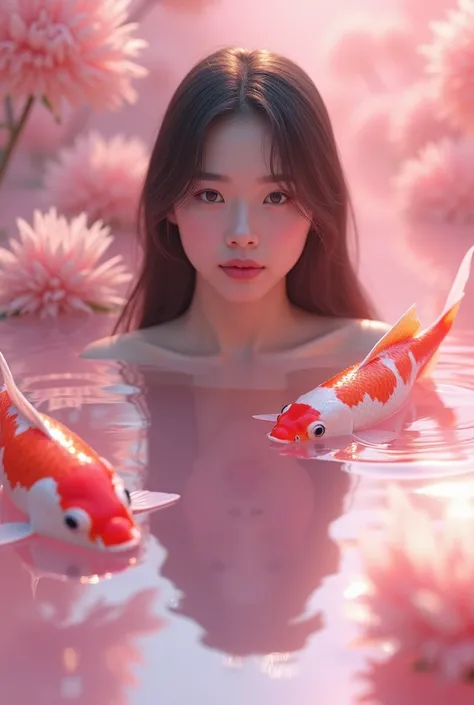  a girl korean 25year old ,two pink fish swimming in a pool of clear water, pink reflections, floating koi fish, fishes swimming, fishes, koi fish, pink zen style, pink hues, fish swimming, koi fishes, pink vibe, koi colors, vibrant pink, koi, very aesthet...