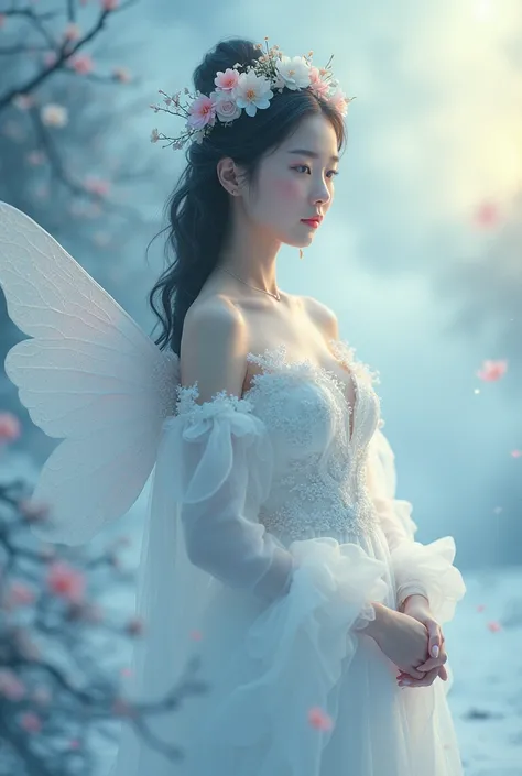 a girl korean 25year old,Dreamy Cloud and Mist Fairy Island，winter landscape，Divine light illuminates the snow-white temple，like a dream，Surreal wonderland，Overlapping clouds and fog，Colorful snowflakes are flying，The tree of life blooms with endless vital...