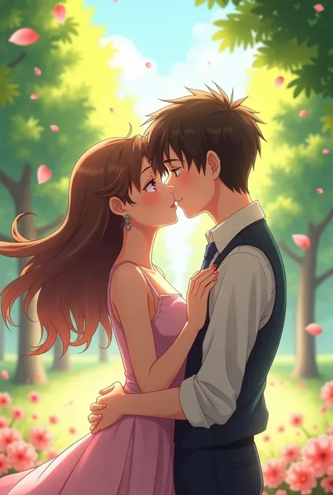 anime beautiful young lady with bangs brown hair and pink eyes and young handsome man with black hair and brown eyes kissing at the park  aesthetic animated 
 