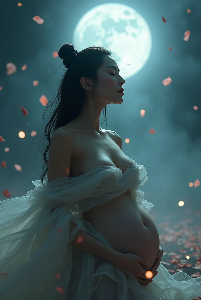 chaos、Fantasy、Eros、full moon、In the fog、Petals fluttering、Eyes closed、A very beautiful Japanese woman、Bust is huge、J Cup、moonlight、full moon